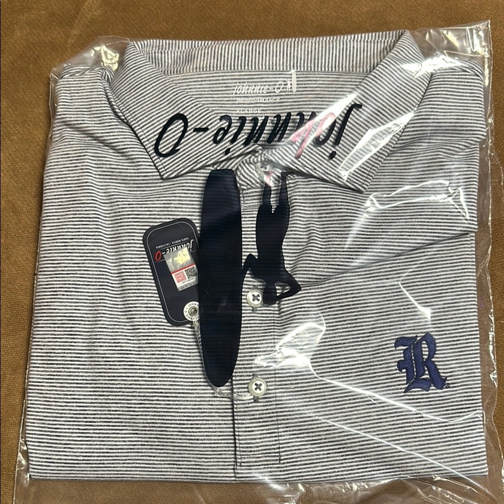 Johnnie-O striped polo in Navy with Rice University logo (new with tags)
